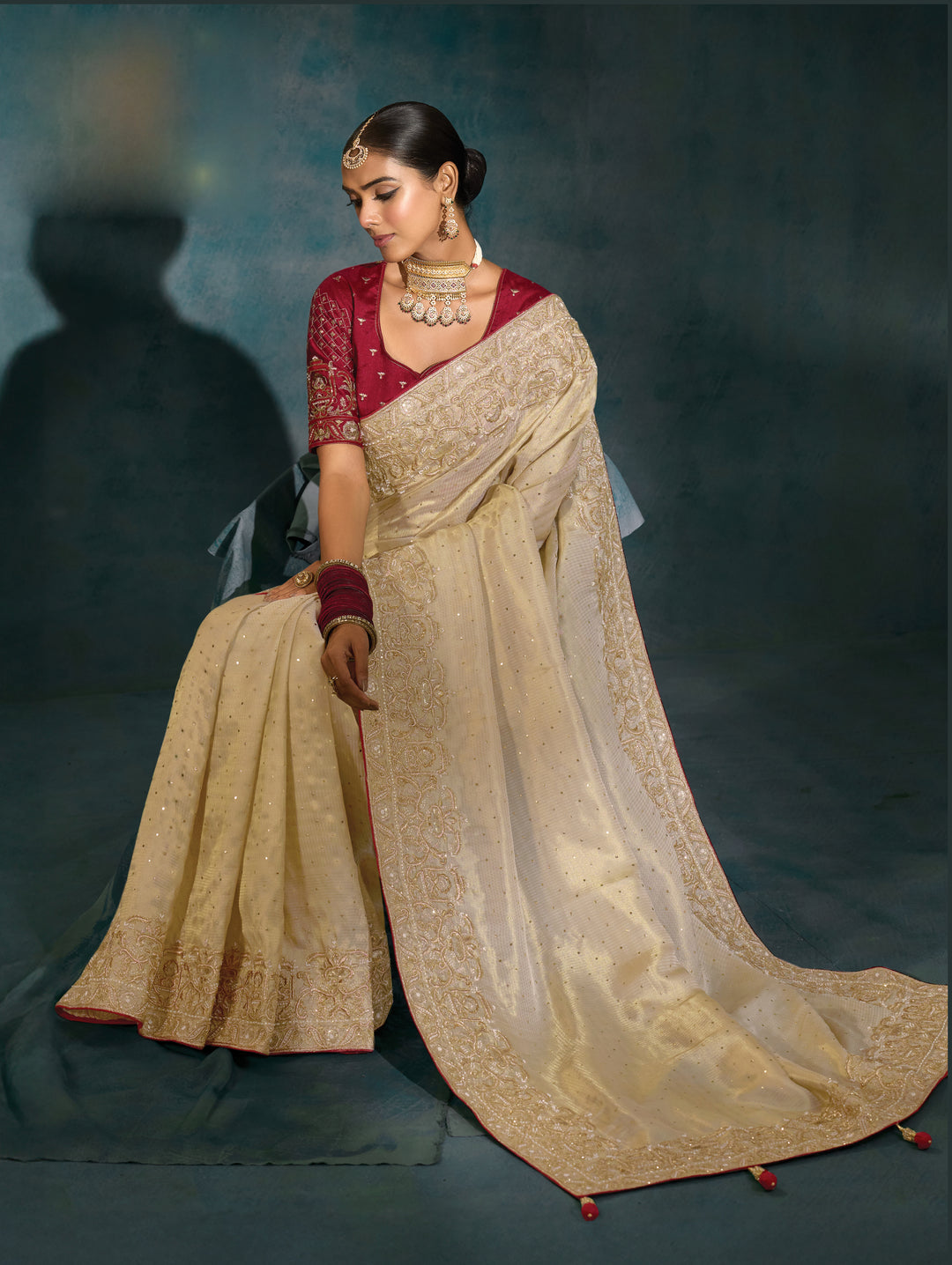 Ivory Embroidered Saree with Maroon Designer Blouse