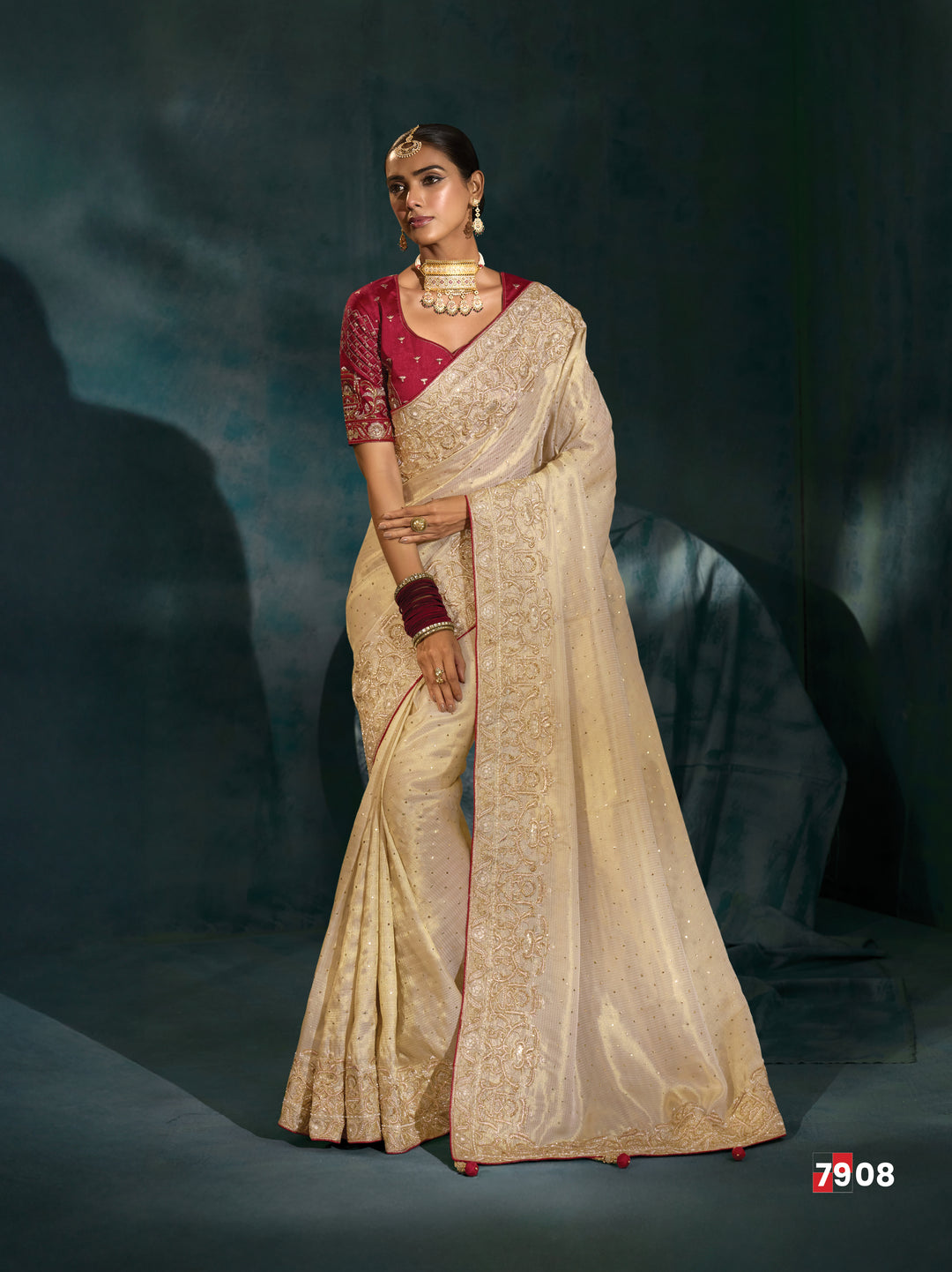 Ivory Embroidered Saree with Maroon Designer Blouse