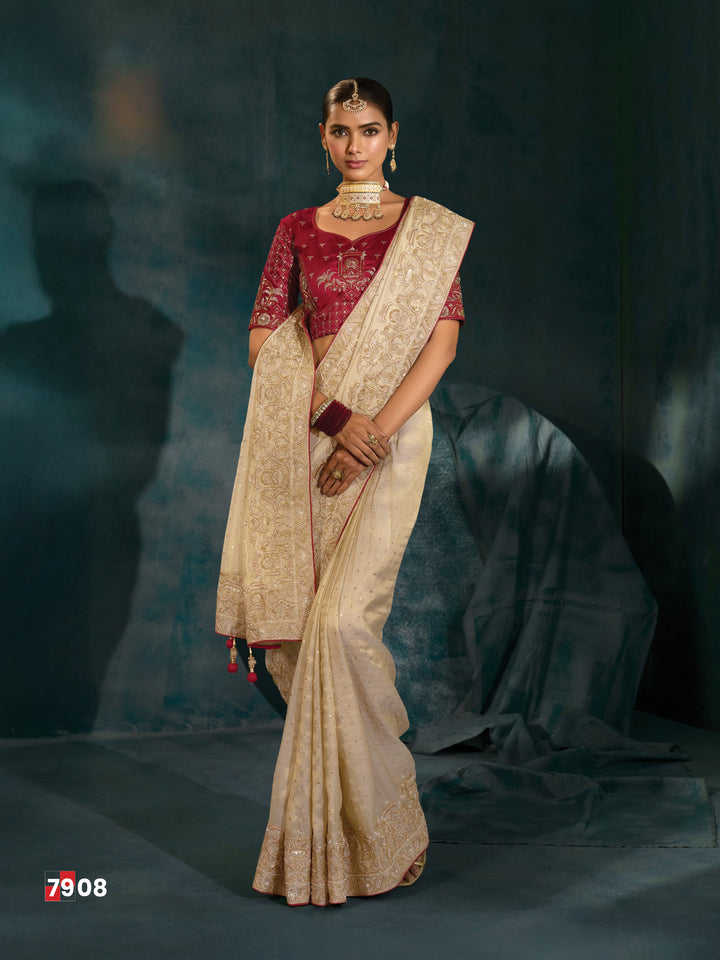 Ivory Embroidered Saree with Maroon Designer Blouse