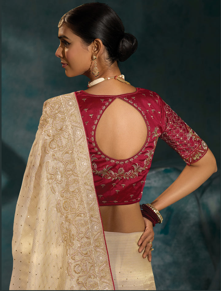 Ivory Embroidered Saree with Maroon Designer Blouse