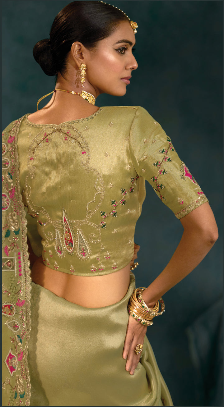 Olive Green Embroidered Silk Saree with Floral Border
