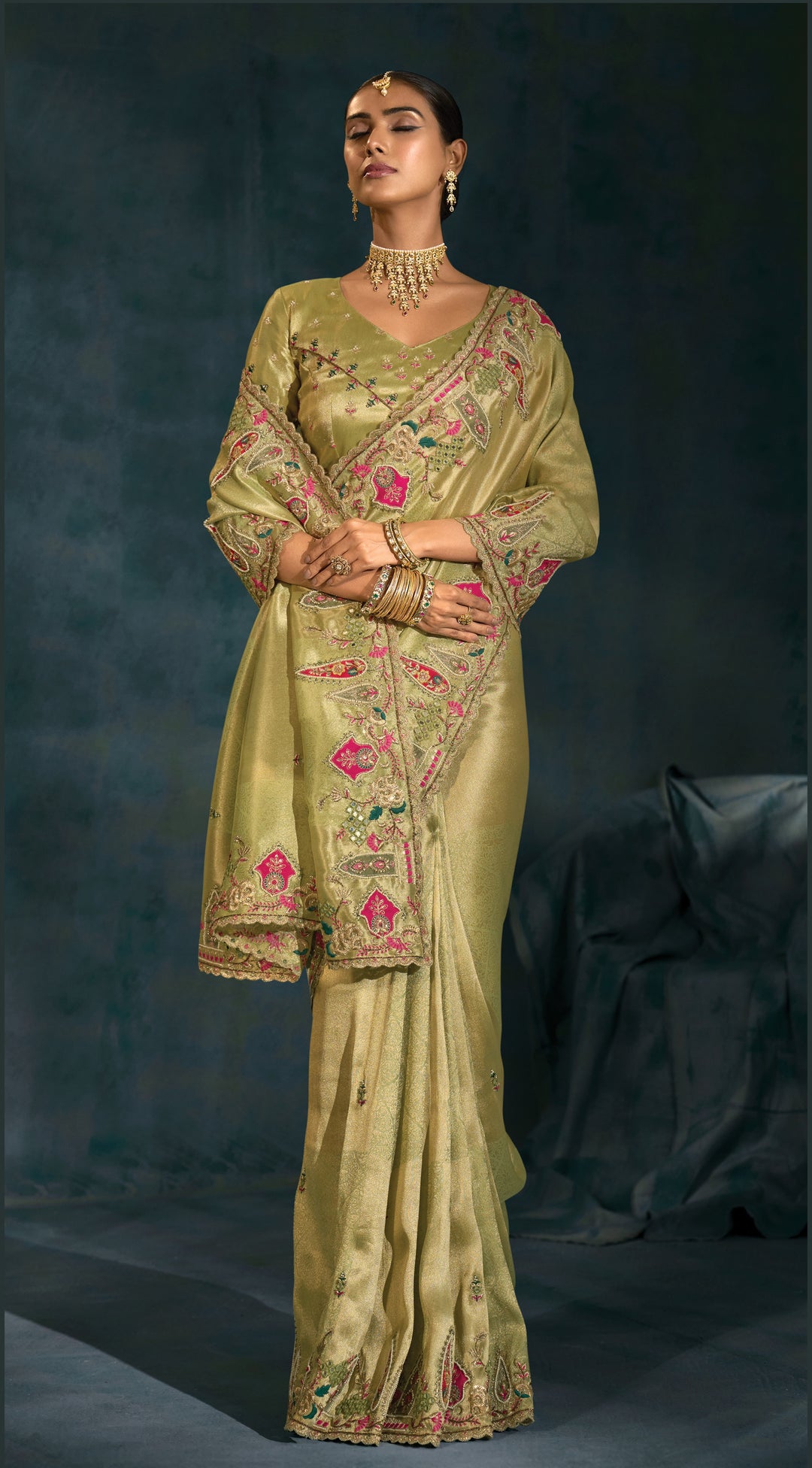 Olive Green Embroidered Silk Saree with Floral Border