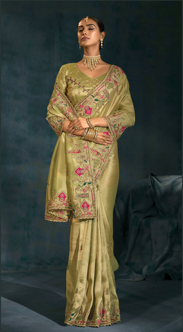 Olive Green Embroidered Silk Saree with Floral Border