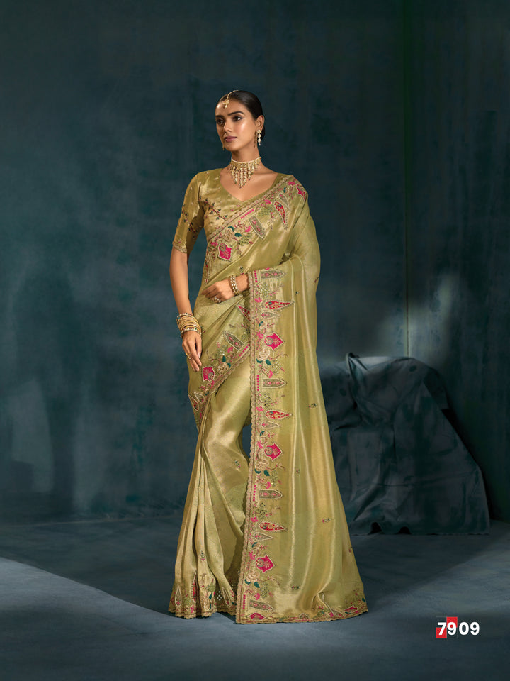 Olive Green Embroidered Silk Saree with Floral Border