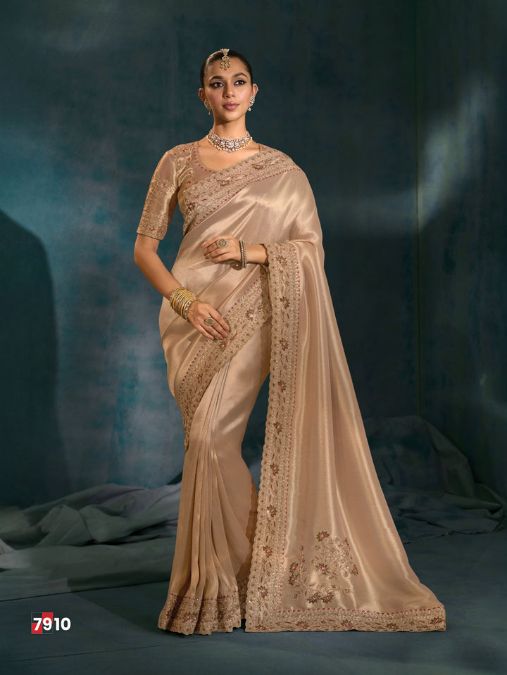 Champagne Beige Embroidered Silk Saree
