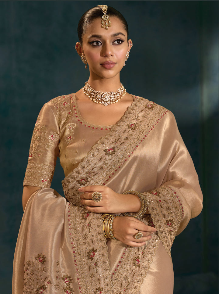 Champagne Beige Embroidered Silk Saree