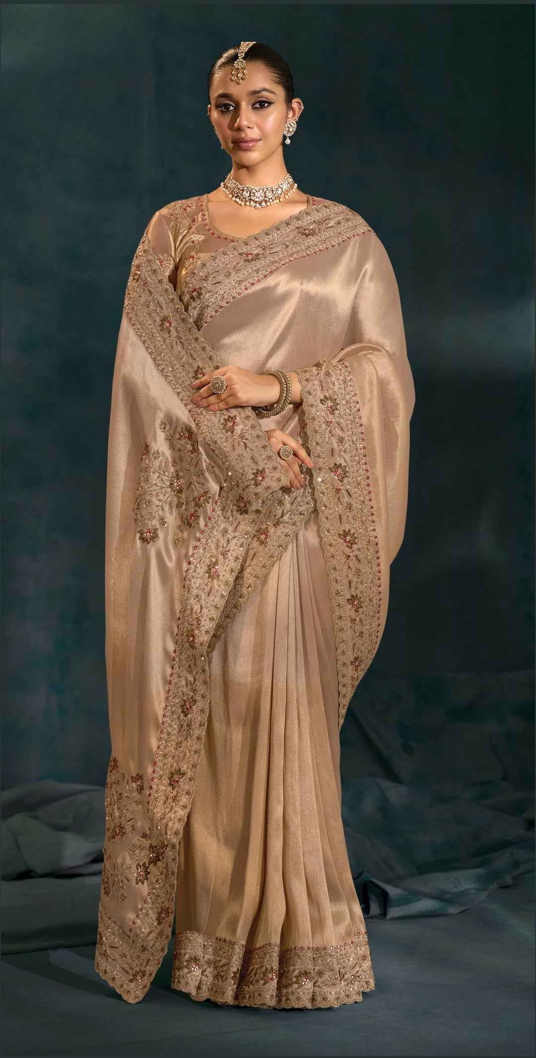 Champagne Beige Embroidered Silk Saree