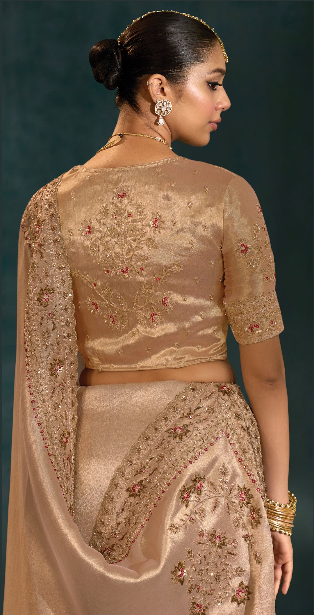 Champagne Beige Embroidered Silk Saree