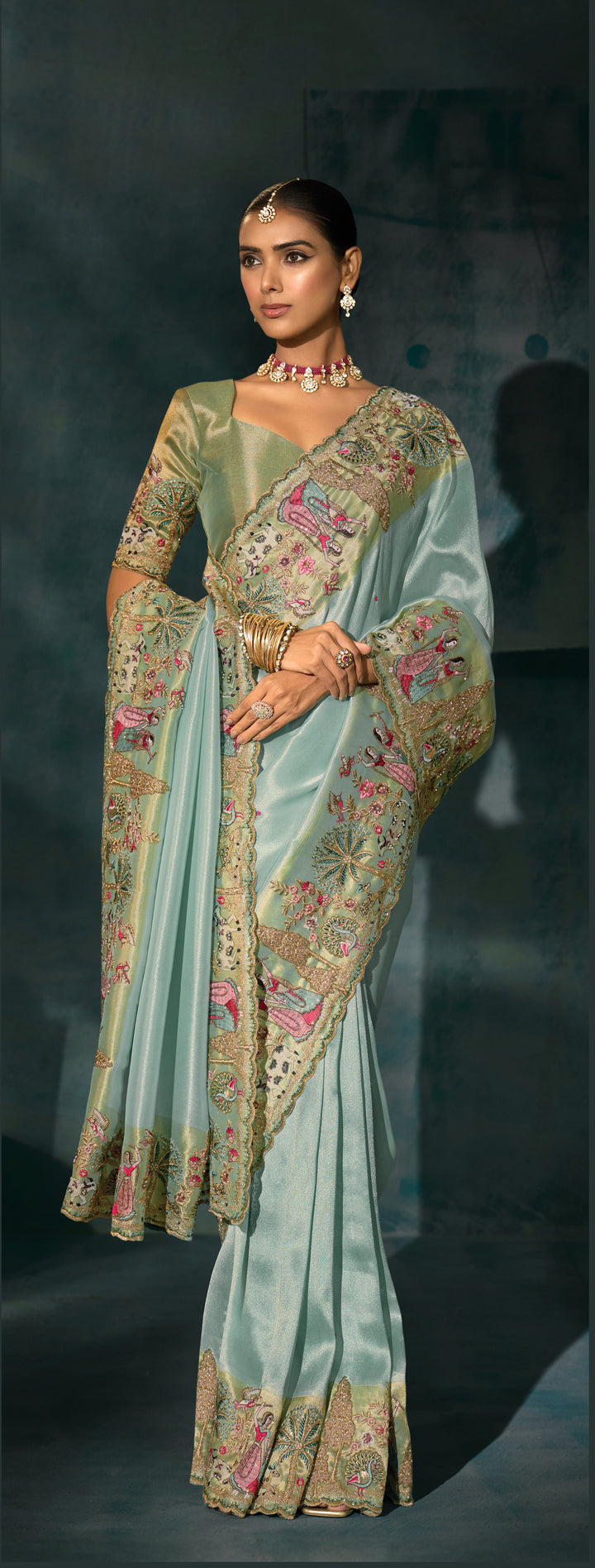 Pastel Mint Hand-Embroidered Designer Silk Saree