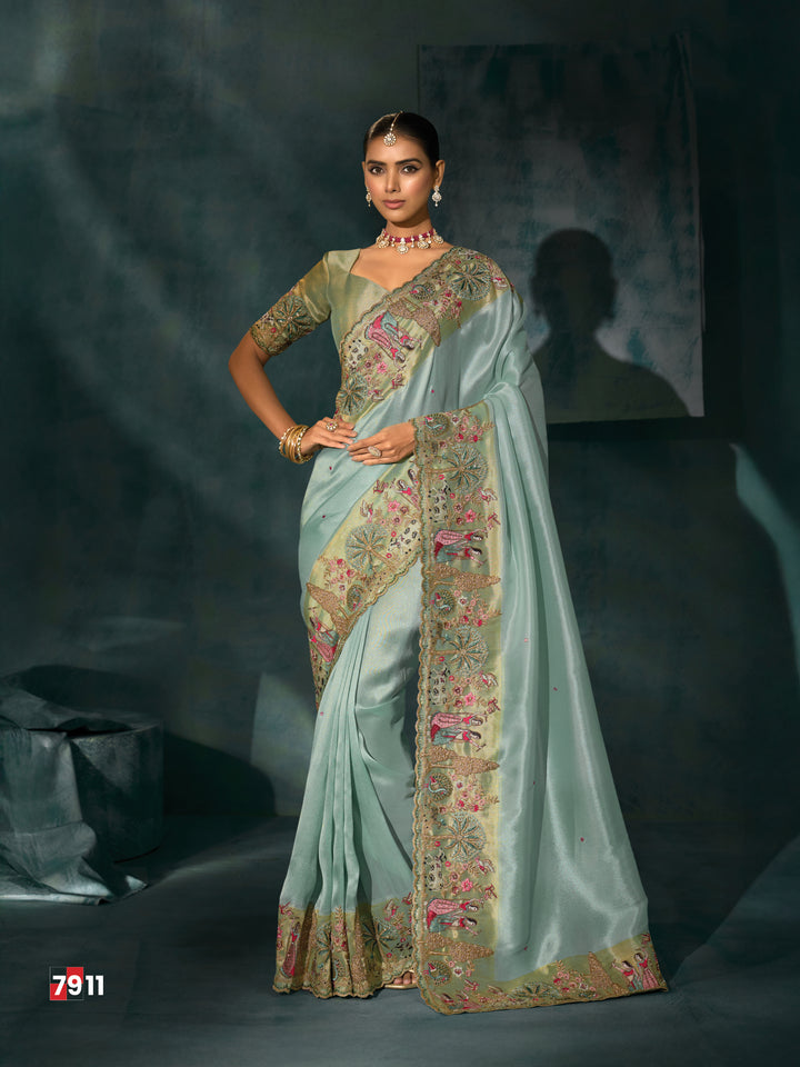 Pastel Mint Hand-Embroidered Designer Silk Saree