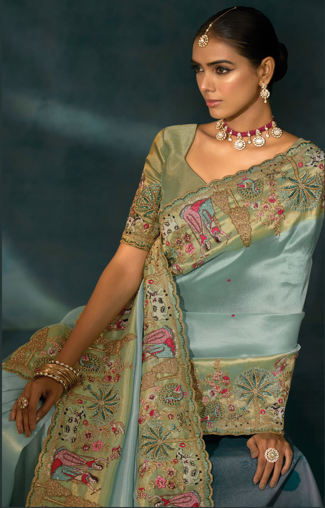 Pastel Mint Hand-Embroidered Designer Silk Saree