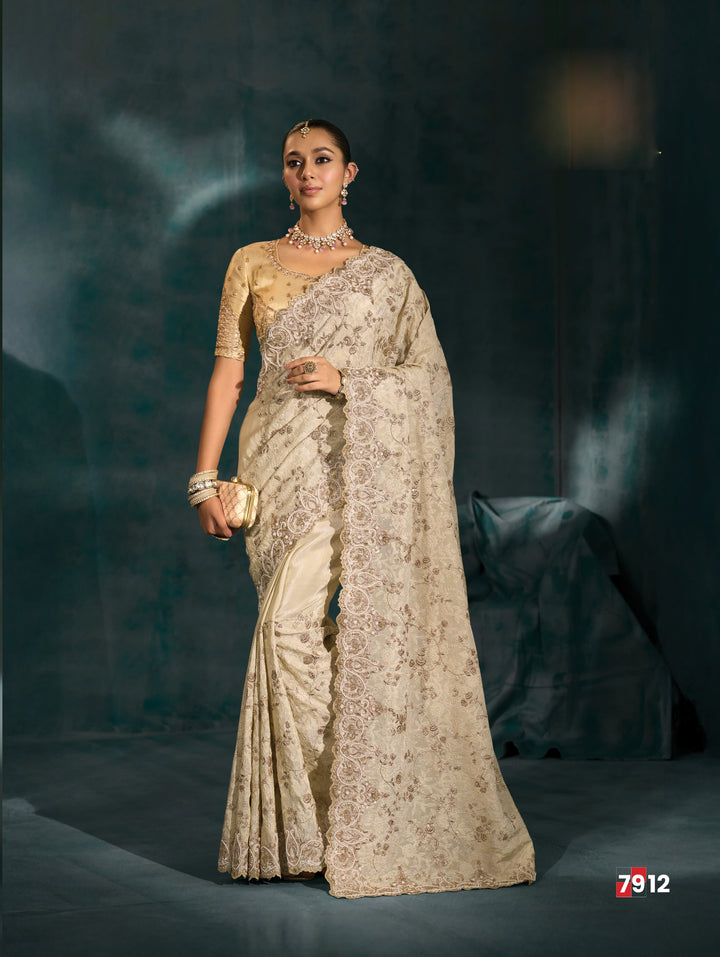 Champagne Beige Embroidered Designer Silk Saree
