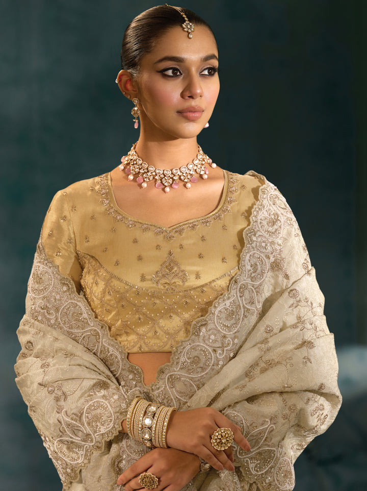Champagne Beige Embroidered Designer Silk Saree