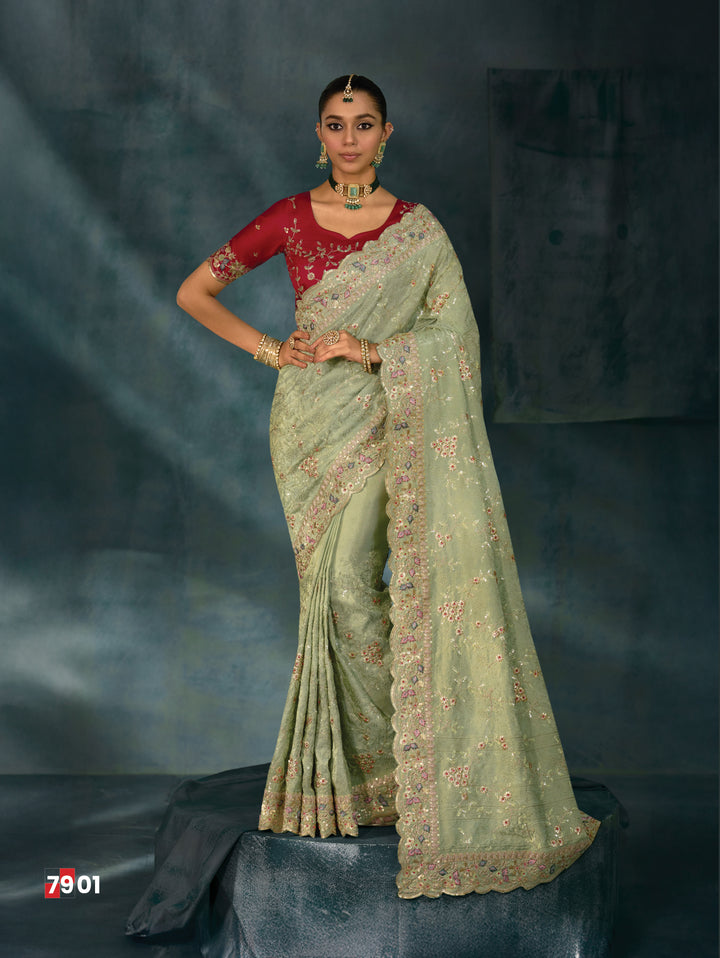 Pastel Sage Green Embroidered Designer Saree