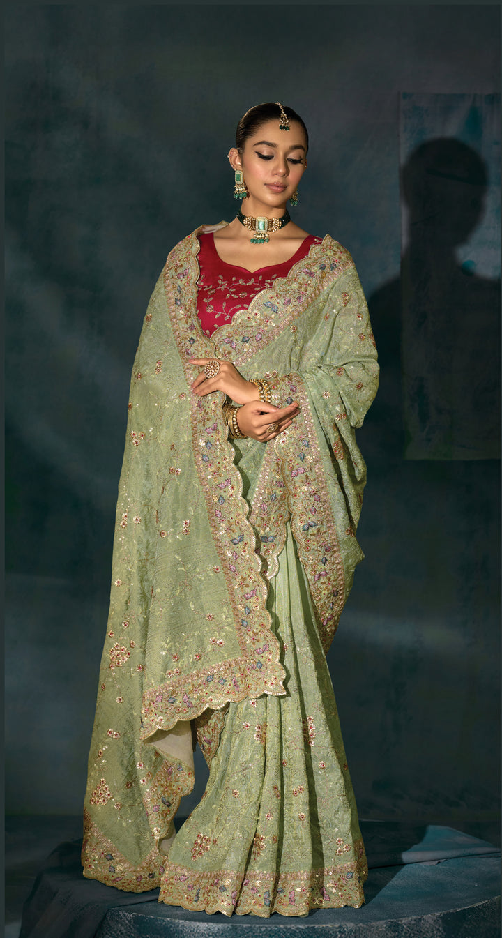Pastel Sage Green Embroidered Designer Saree