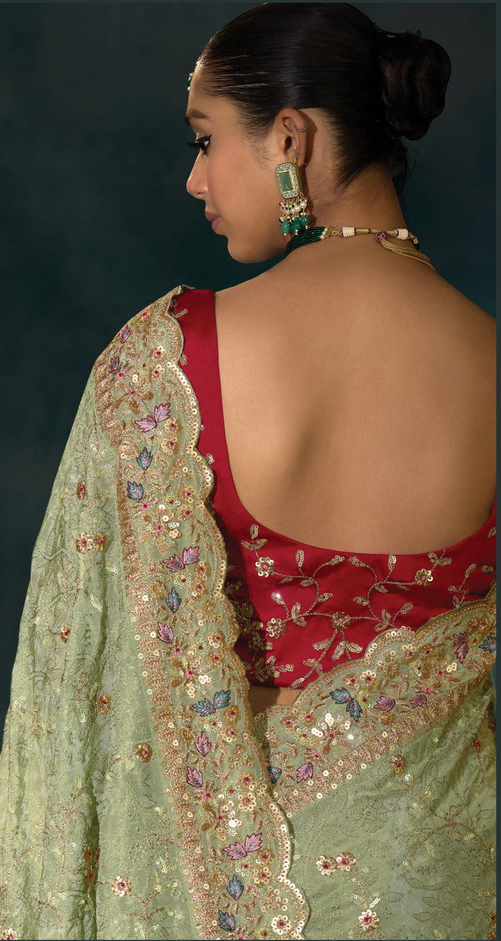 Pastel Sage Green Embroidered Designer Saree