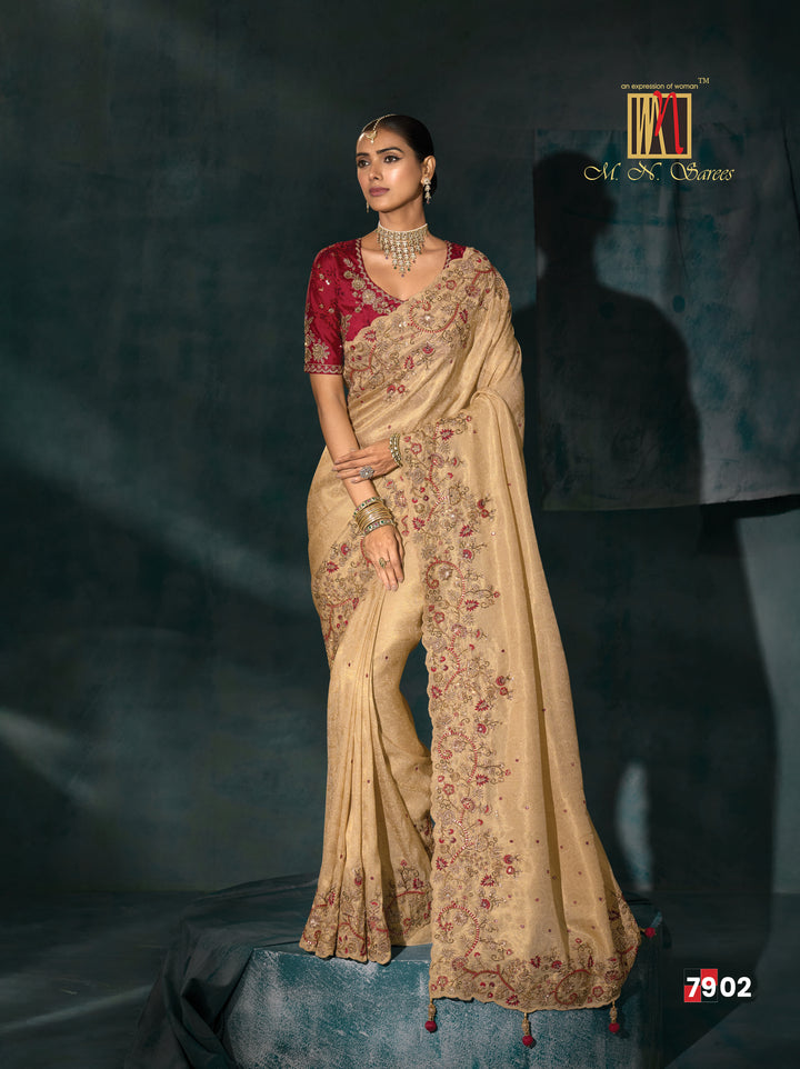 Beige Gold Embroidered Heritage Designer Saree