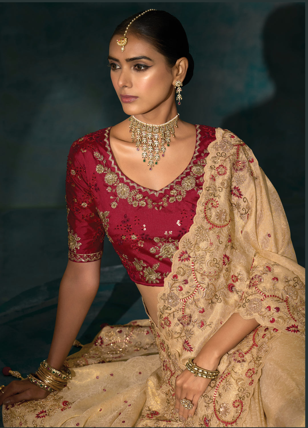 Beige Gold Embroidered Heritage Designer Saree