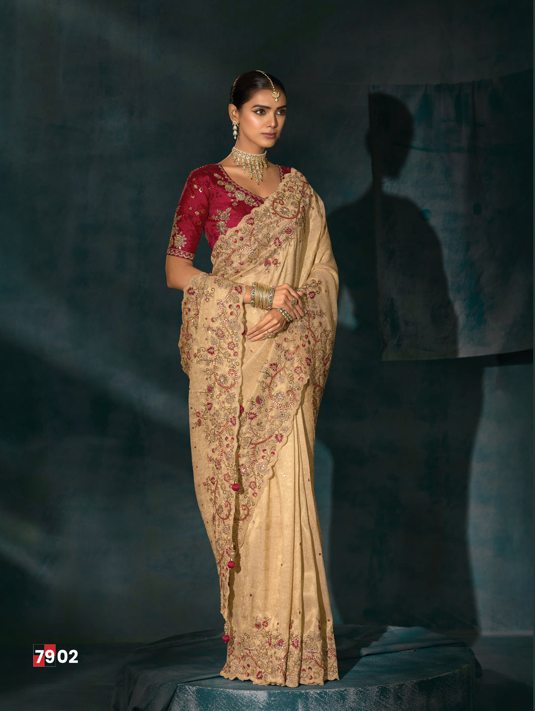 Beige Gold Embroidered Heritage Designer Saree