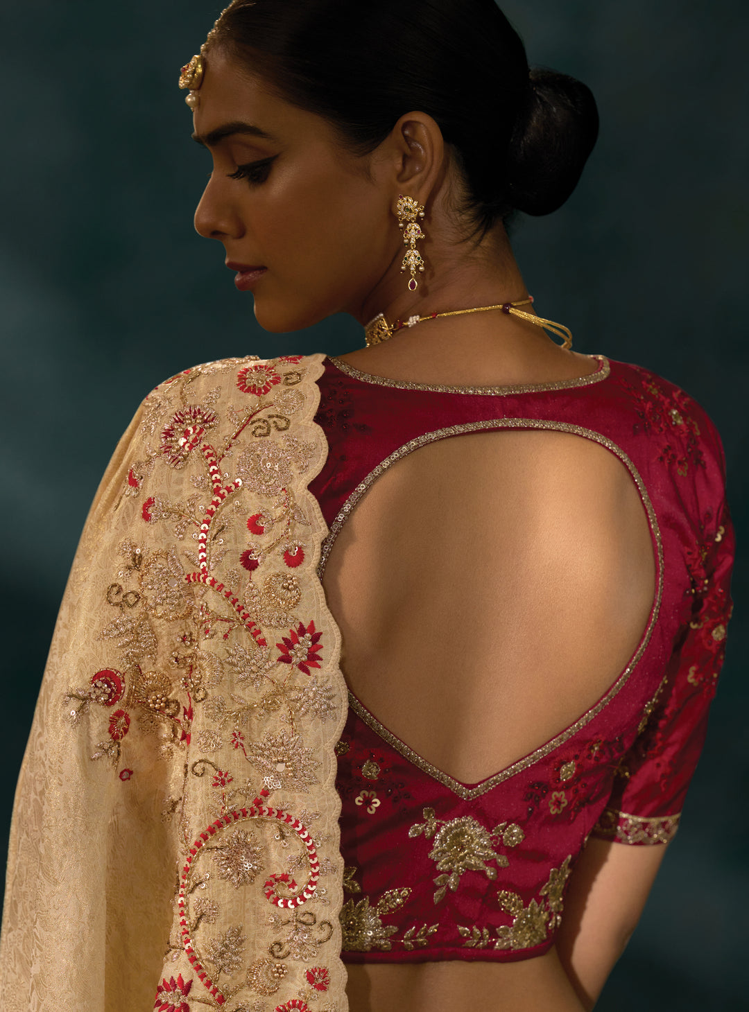 Beige Gold Embroidered Heritage Designer Saree