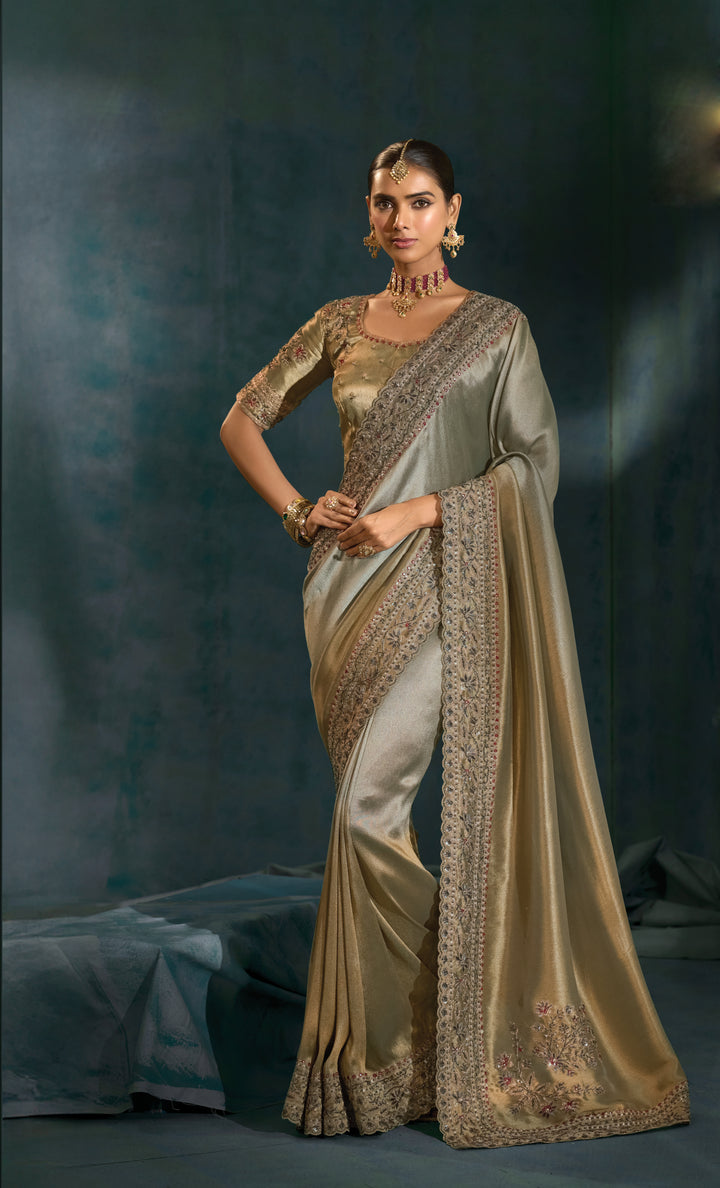 Olive Gold Embroidered Luxury Silk Saree