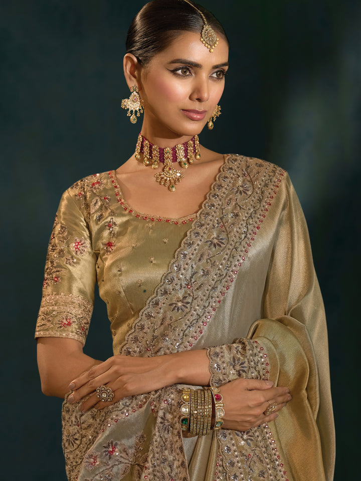 Olive Gold Embroidered Luxury Silk Saree