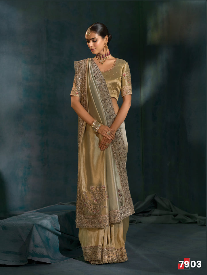Olive Gold Embroidered Luxury Silk Saree
