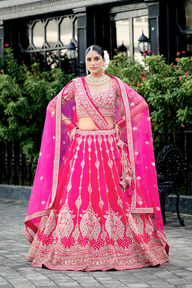 Hot Pink Embroidered Bridal Lehenga Choli Set
