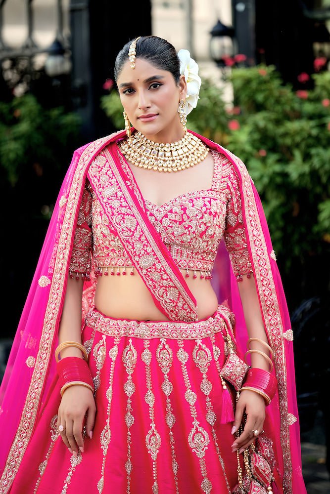 Hot Pink Embroidered Bridal Lehenga Choli Set