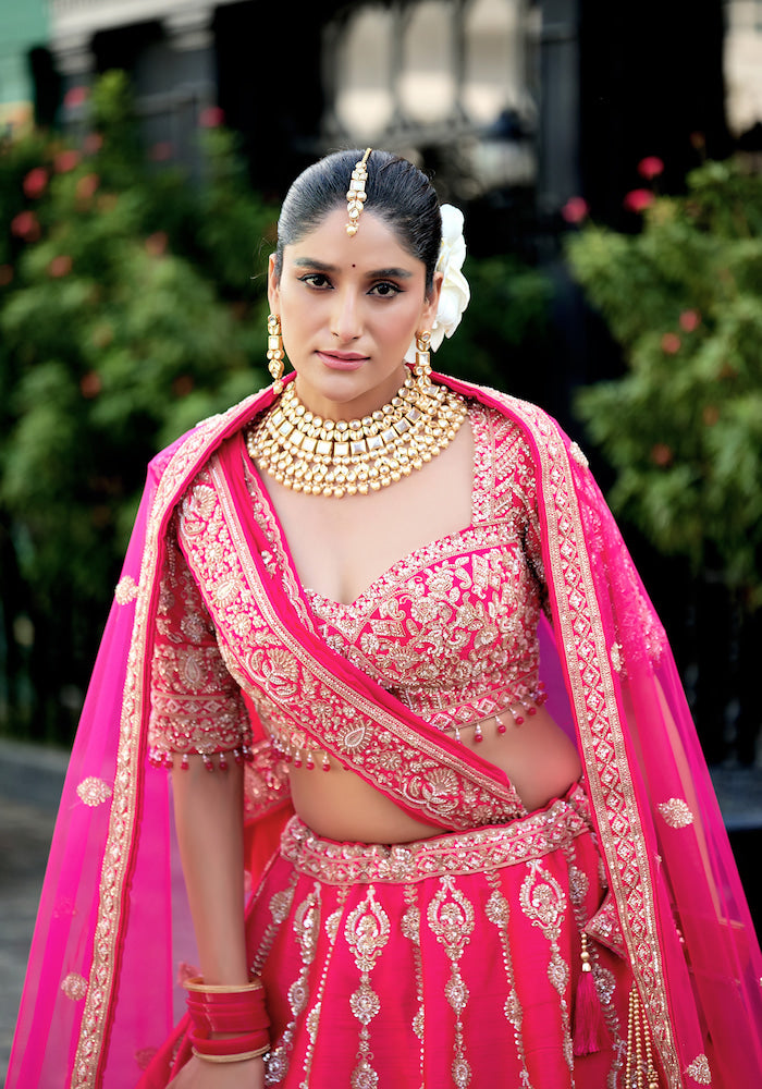 Hot Pink Embroidered Bridal Lehenga Choli Set