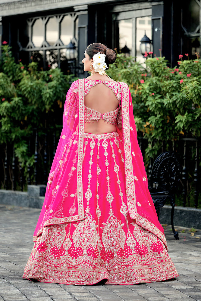 Hot Pink Embroidered Bridal Lehenga Choli Set