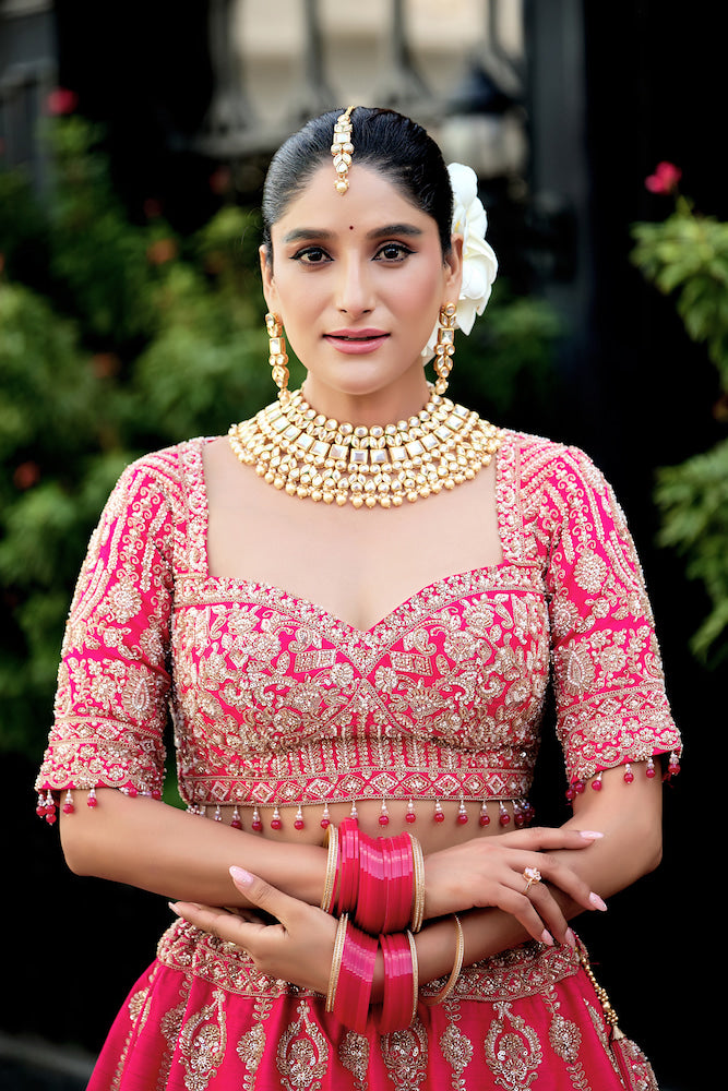 Hot Pink Embroidered Bridal Lehenga Choli Set