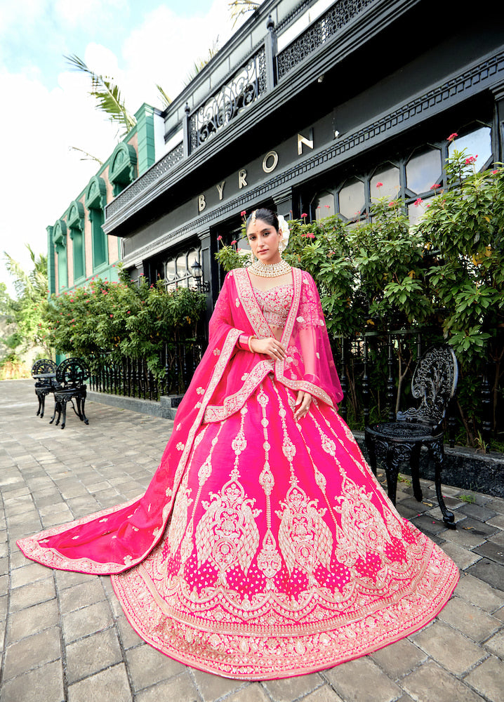 Hot Pink Embroidered Bridal Lehenga Choli Set