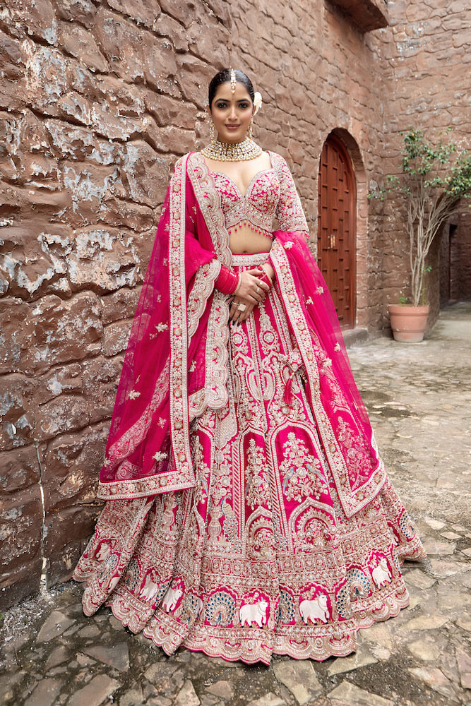 Gulabi Noor Hot Pink Bridal Lehenga with Intricate Silver Embroidery
