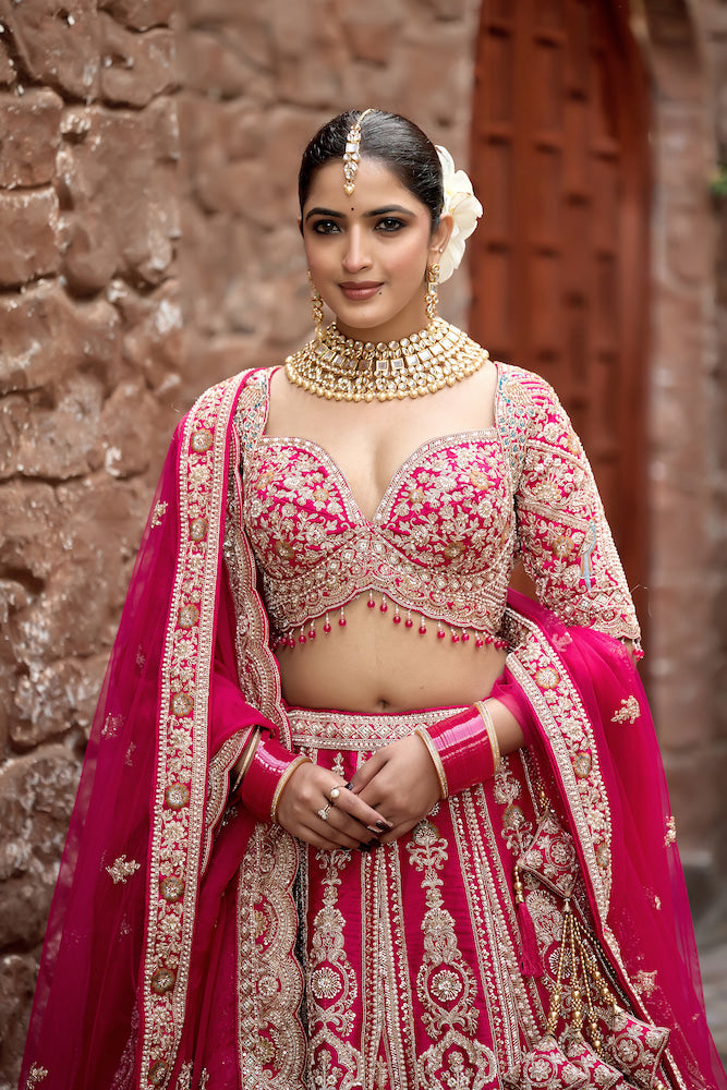 Gulabi Noor Hot Pink Bridal Lehenga with Intricate Silver Embroidery