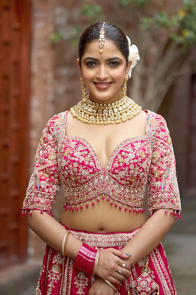 Gulabi Noor Hot Pink Bridal Lehenga with Intricate Silver Embroidery