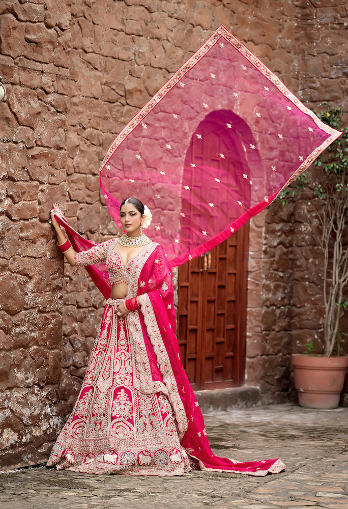 Gulabi Noor Hot Pink Bridal Lehenga with Intricate Silver Embroidery