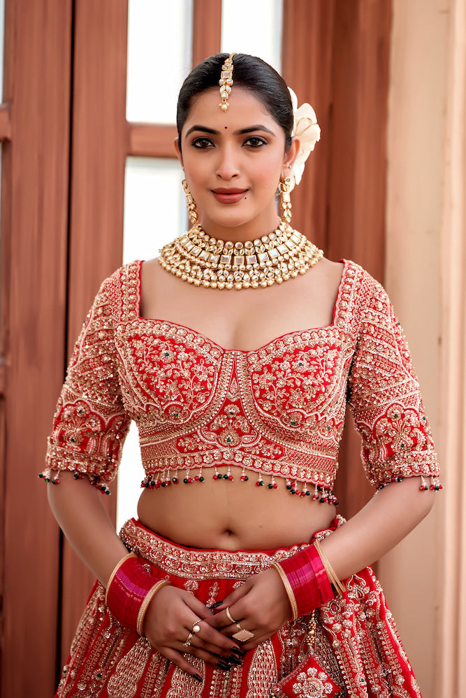 Ruhani Riwaayat Red Bridal Lehenga Choli with Intricate Zari Embroidery and Ornate Dupatta