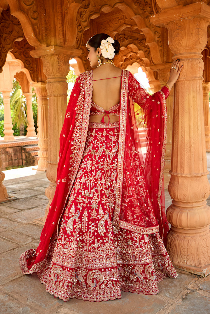 Shahi Afsana Crimson Red Bridal Lehenga Choli with Intricate Golden Embroidery