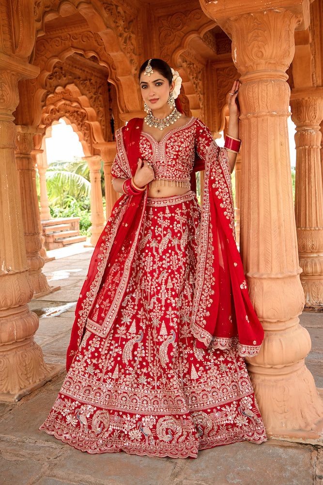 Shahi Afsana Crimson Red Bridal Lehenga Choli with Intricate Golden Embroidery