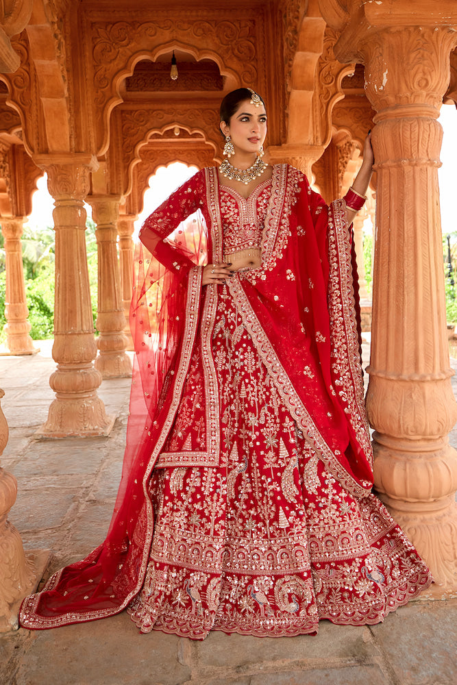 Shahi Afsana Crimson Red Bridal Lehenga Choli with Intricate Golden Embroidery