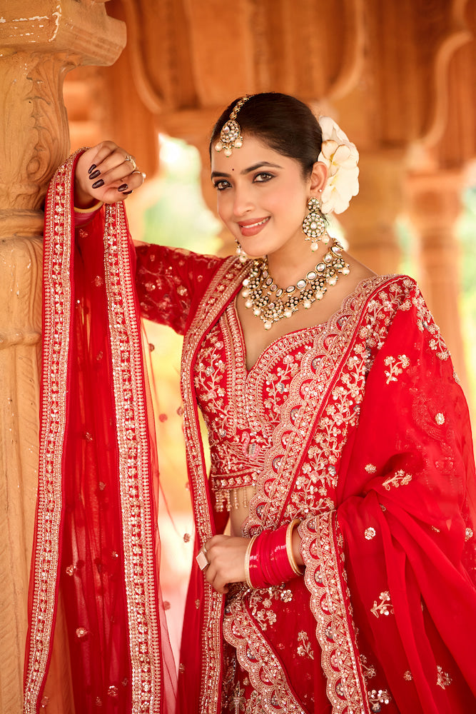 Shahi Afsana Crimson Red Bridal Lehenga Choli with Intricate Golden Embroidery