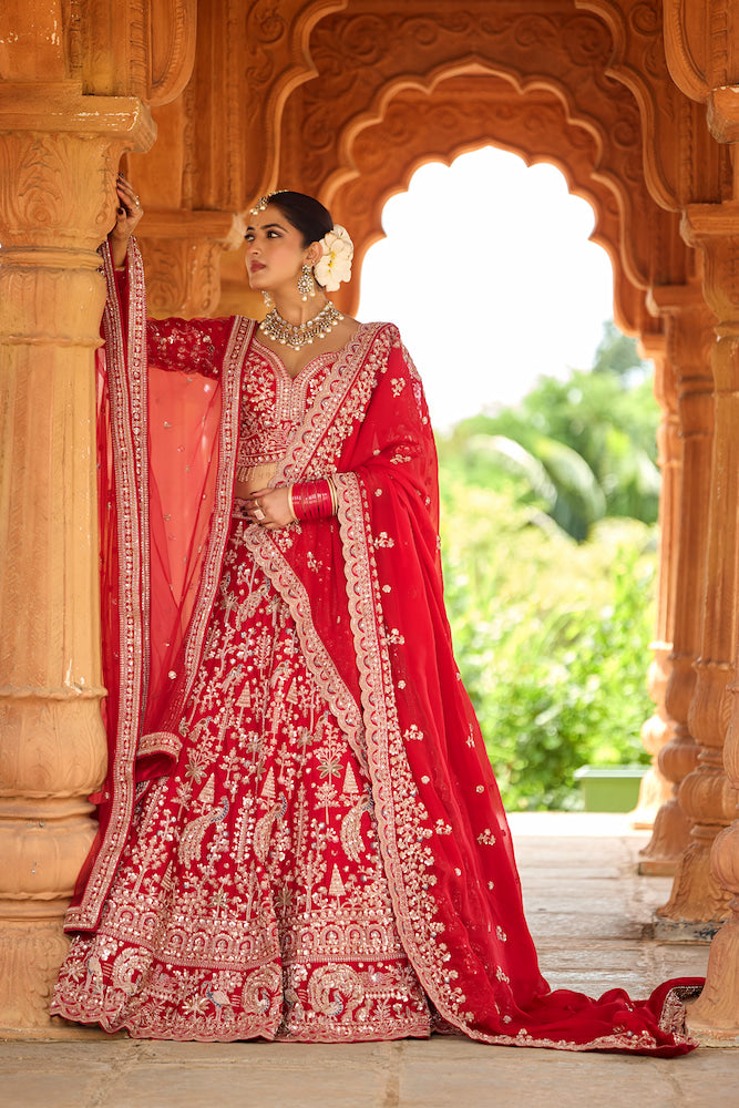 Shahi Afsana Crimson Red Bridal Lehenga Choli with Intricate Golden Embroidery