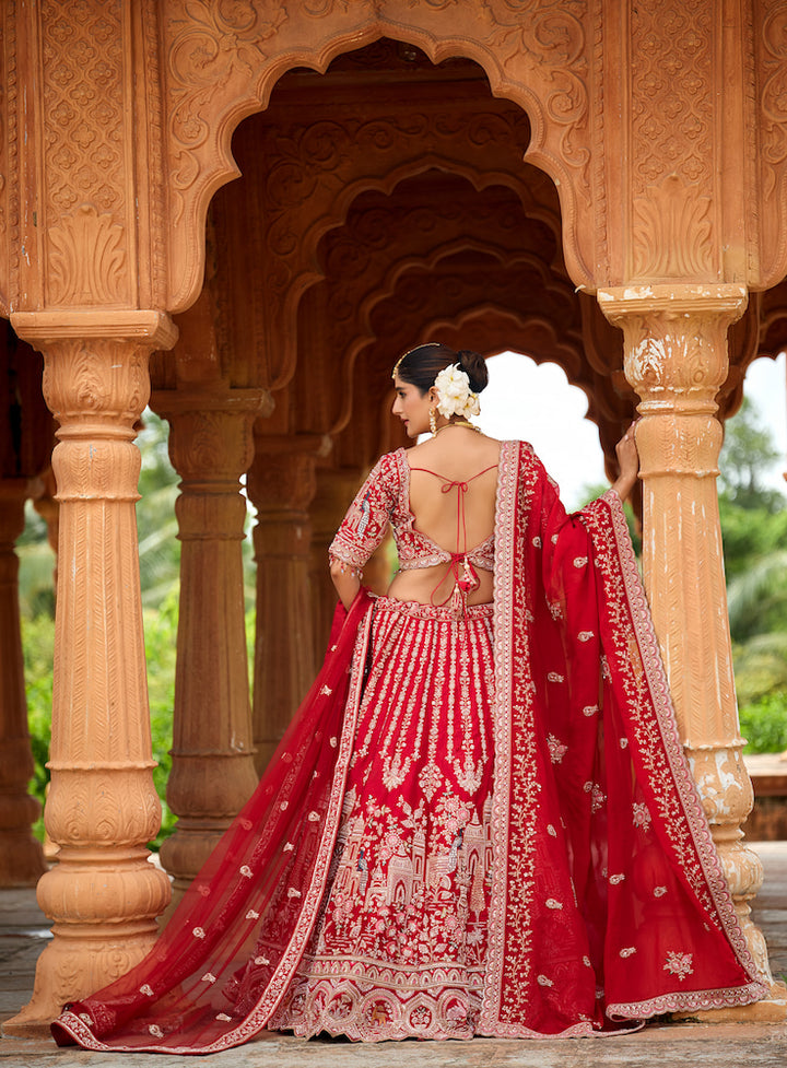 Rang Mahal Vermilion Red Bridal Lehenga Choli with Intricate Silver Embroidery