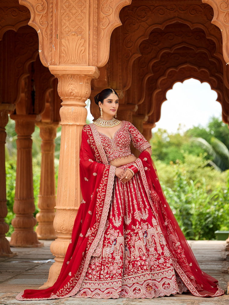 Rang Mahal Vermilion Red Bridal Lehenga Choli with Intricate Silver Embroidery