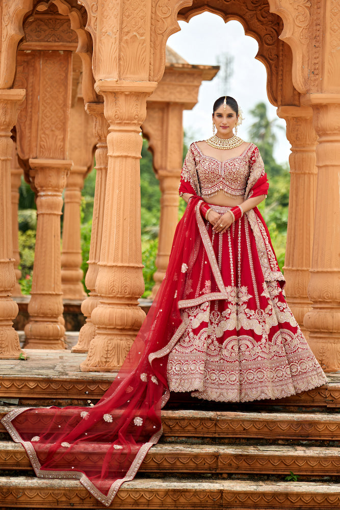 Shahi Laal Noor – Crimson Red Bridal Lehenga with Intricate Silver Embroidery