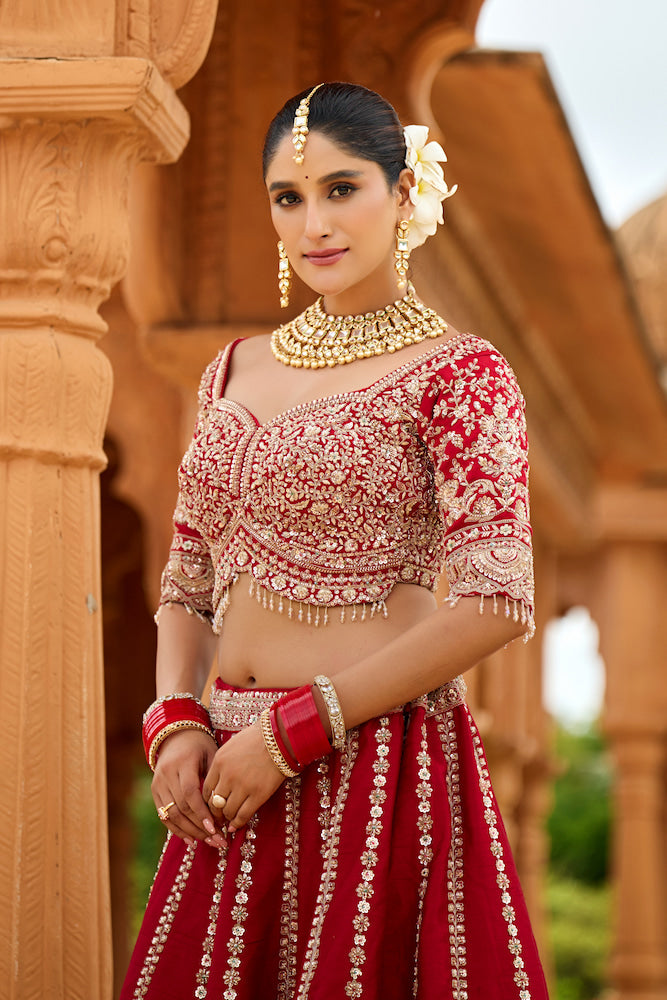 Shahi Laal Noor – Crimson Red Bridal Lehenga with Intricate Silver Embroidery