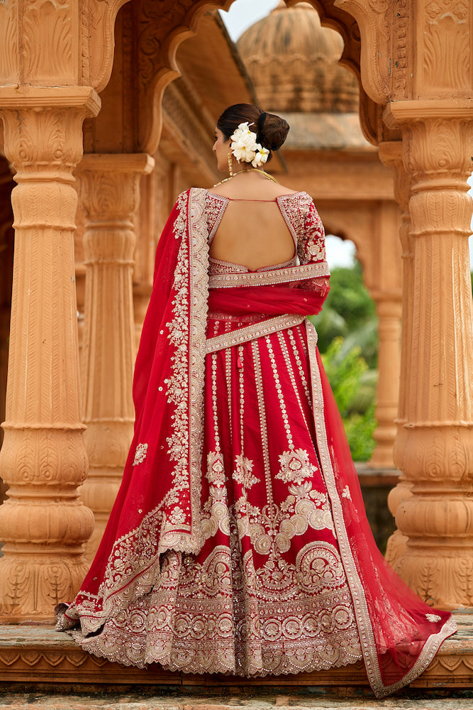 Shahi Laal Noor – Crimson Red Bridal Lehenga with Intricate Silver Embroidery