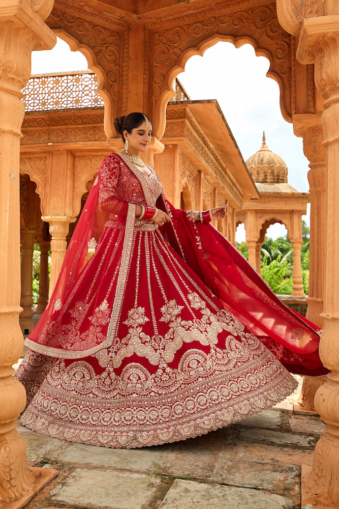Shahi Laal Noor – Crimson Red Bridal Lehenga with Intricate Silver Embroidery
