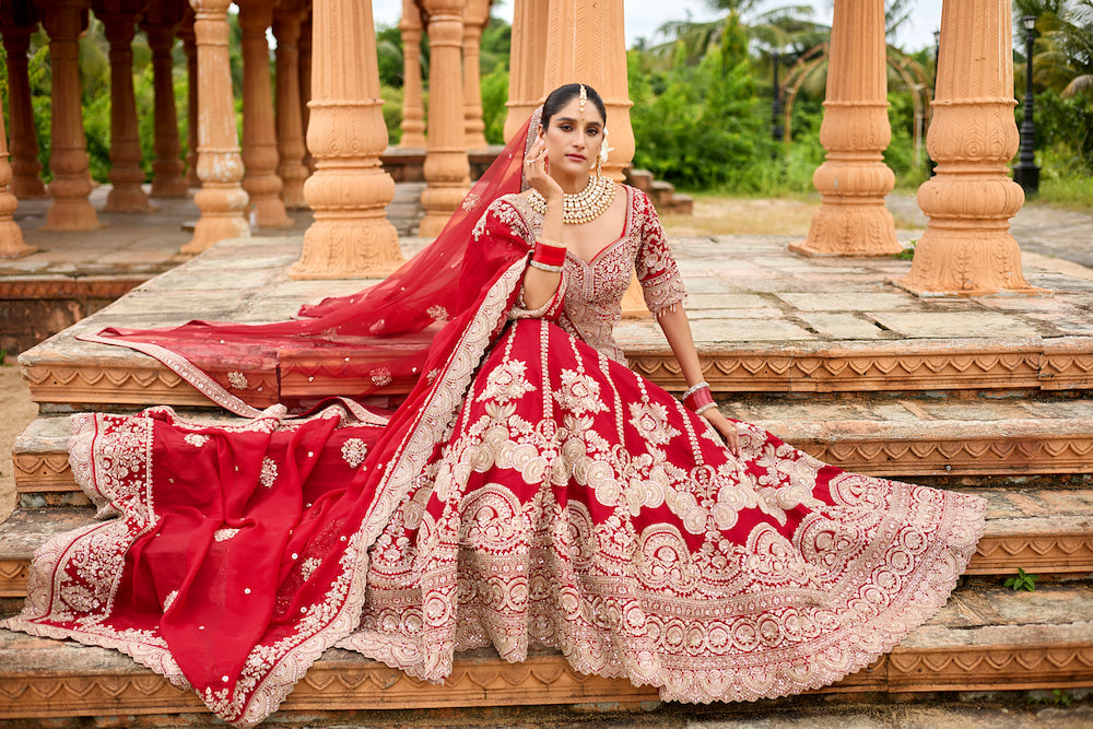 Shahi Laal Noor – Crimson Red Bridal Lehenga with Intricate Silver Embroidery